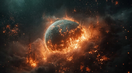 burning planet Earth in space, set against a bright blue backdrop. This powerful visual symbolizes climate change, environmental crisis, and the urgent need for global awareness