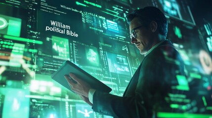 A businessman in a suit stands in front of a large screen displaying data and information, looking at a tablet.