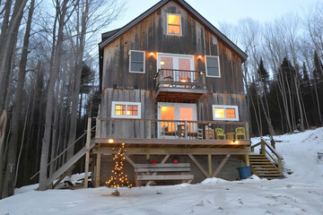 A cozy wooden cabin surrounded by snow, featuring warm lights and a welcoming atmosphere.