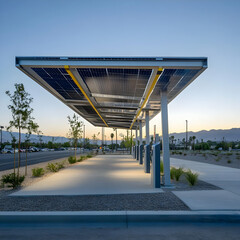 A modern solar-powered charging station with sleek design and surrounding greenery.