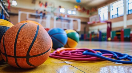 A gymnasium filled with classic school sports gear like basketballs and jump ropes.