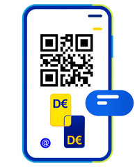 smartphone screen and digital Euro and digital electronic wallet, scan the QR-Code and passport or ID card, digitalization, digital personal identification, as symbol icon, isolated, colors as the fla