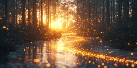 Naklejka premium Flowing River of Trends: A Luminous Journey Through a Dense Forest with Glowing Arrows and a Sunset Sky.