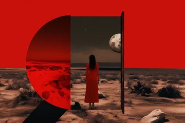 Foto op Canvas A surreal scene featuring a woman in a red dress standing before a portal, looking into a cosmic landscape with a large moon against a vivid red backdrop. © blckpichstudio