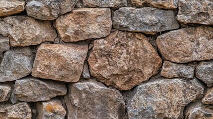 A close-up of a rough, weathered, rustic stone wall made of various sized, grey and brown stones.