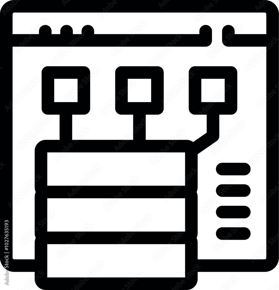 Poster bold line icon representing a data server connecting to a website interface with a content managemen