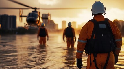 Rescuers wading in flood with helicopter