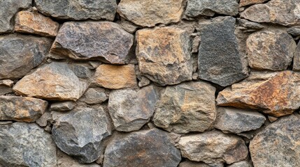 A close-up of a rustic stone wall with a mix of gray and brown stones. (1)