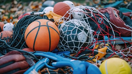 A disorganized heap of sports equipment after a training session.