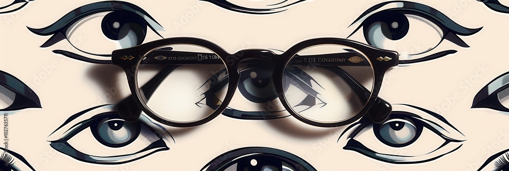 Aufkleber the eyeglasses are elegantly placed on a backdrop adorned with various stylized eye illustrations, s