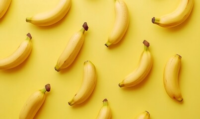 a whole view of multiple Banana on soft yellow background, view from above, editorial photography