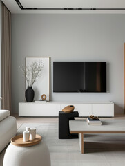 A modern living room featuring sleek television mounted on light gray wall, complemented by minimalist furniture and decorative elements. space exudes calm and stylish atmosphere