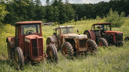 Naklejka premium Rusty vintage tractors parked in a field overgrown with grass.