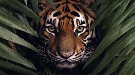 A fierce tiger peers through lush green foliage, showcasing its striking orange and black stripes and intense gaze.