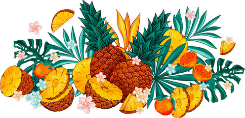 Pineapple and Palm Leaves Watercolor Isolated Illustration of Fruits, Sweet Sunny Summer Arrangement Composition for Banner