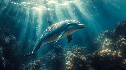 A dolphin gracefully gliding through clear blue water with sunbeams filtering down