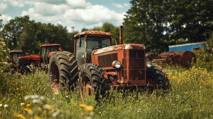 Naklejka premium Rusty vintage tractors parked in a field overgrown with grass.