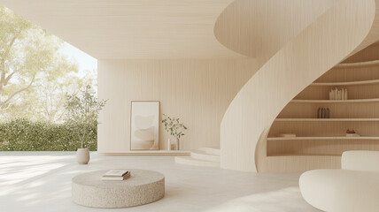 A serene interior featuring spiral staircase, minimalist design, and natural light. warm wood tones and soft shapes create calming atmosphere, perfect for relaxation