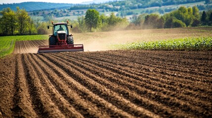 Obraz premium A plow and seed drill being used in a freshly tilled field.