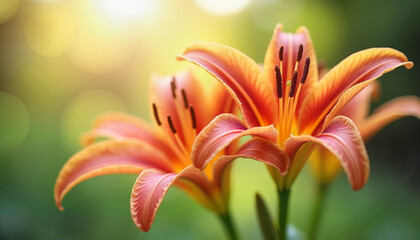 Naklejka premium Vibrant orange lily blossoms in soft focus garden background