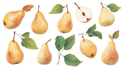 Obraz premium A collection of ten yellow pears with red spots, leaves, and a pear cut in half.