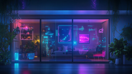 A modern living room with vibrant neon lights and digital displays creates futuristic atmosphere. colorful graphs and data visuals enhance tech savvy vibe, making it an ideal space for innovation and