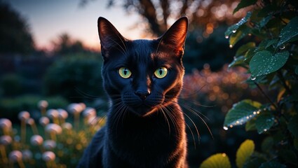 Obraz premium Black cat with glowing eyes at sunset in garden