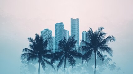A serene urban landscape featuring tall buildings and palm trees, enveloped in a soft, misty atmosphere.