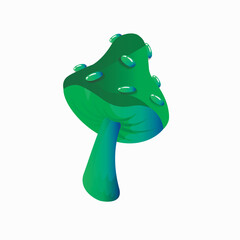 Green mushroom with water drops on a white background. Mushroom from a fairy tale
