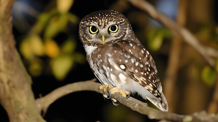 Obraz premium 25. A curious owl perched on a branch at night