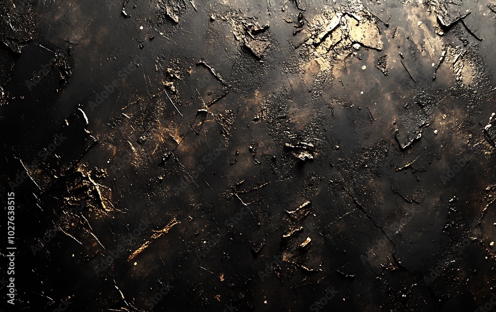 Poster a textured, dark surface with hints of gold and illumination, resembling a cosmic or abstract landsc