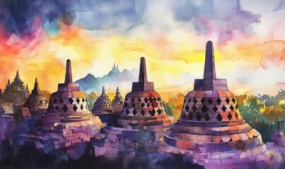 Watercolor Borobudur Temple at Yogyakarta Java Indonesia. Borobudur Temple is one of the most visited temple in Indonesia