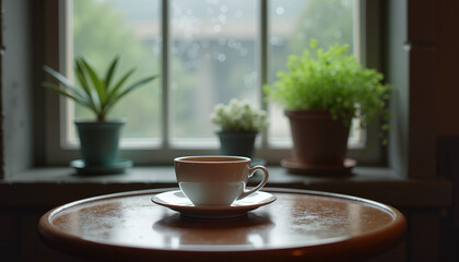 Coffee cup on table by window with potted plants