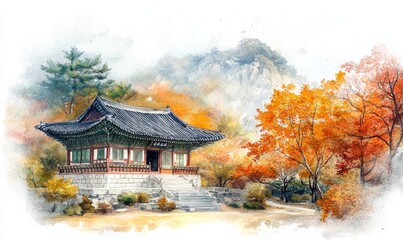 Fototapeta premium Watercolor Baekyangsa Temple in autumn,Naejangsan Park in korea