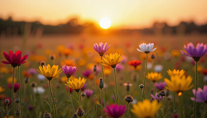 Obraz premium Colorful wildflowers in field at golden sunset