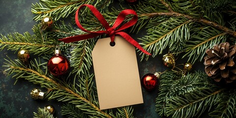 Festive christmas background with blank gift tag on evergreen branches for holiday design.