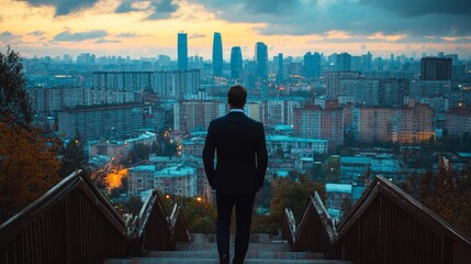 Naklejka na ściany i meble Rear view of a businessman climbing stairs leading to a large city