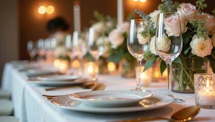 Elegant table setting with roses and candlelight