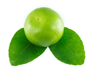 Ripe limes with leaves isolated on white background