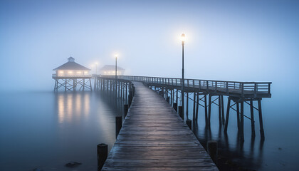 Misty Coastal Scene Featuring Illuminated Pier Extending into the Foggy Ocean, Capturing Serene and Mysterious Evening Atmosphere