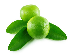 Ripe limes with leaves isolated on white background