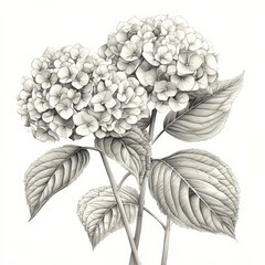 Hydrangea ink and pencil line drawing flower, isolated on white background © Thanadol
