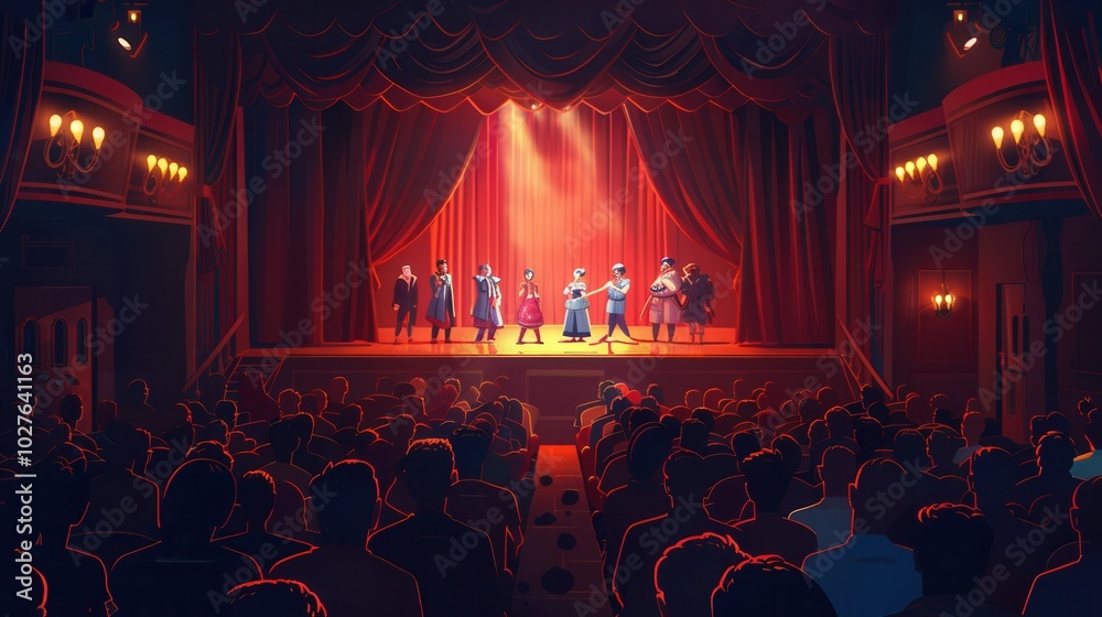 Poster a lively performance unfolds on stage with actors in costumes captivating an attentive audience at a