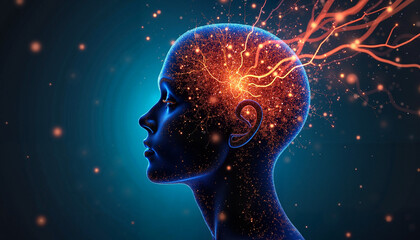 Obraz premium Glowing neural network in human head silhouette