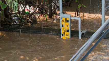 Flooded area with measuring scale, nature impact