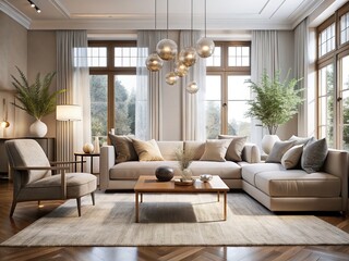 Fototapeta premium Tranquil Monochromatic Living Room with Elegant Furniture and Artistic Sculptures