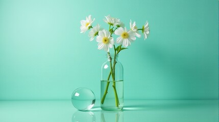 Clear Glass Vase With Delicate White Flowers on a Teal Background