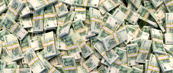 Fototapeta premium Pile of Chinene 50 yuan stack banknote full frame 3d rendering illustration