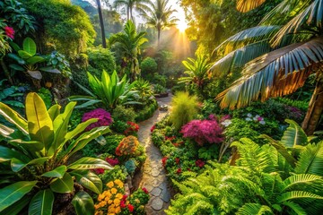 Fototapeta premium Tropical Garden Backdrop with Lush Greenery, Vibrant Flowers, and Exotic Fauna for Food Photography
