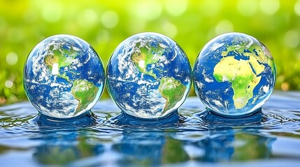 Three glass globes depicting Earth, with the continents and oceans clearly visible, sit on a rippling surface of water.